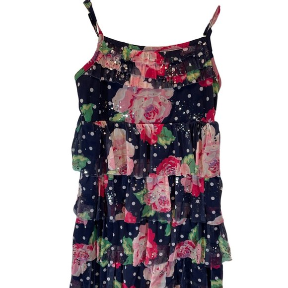 Girls Blue/Pink/Silver Floral/Polka Dot Print Sheer Tiered Ruffle Dress - Picture 1 of 3
